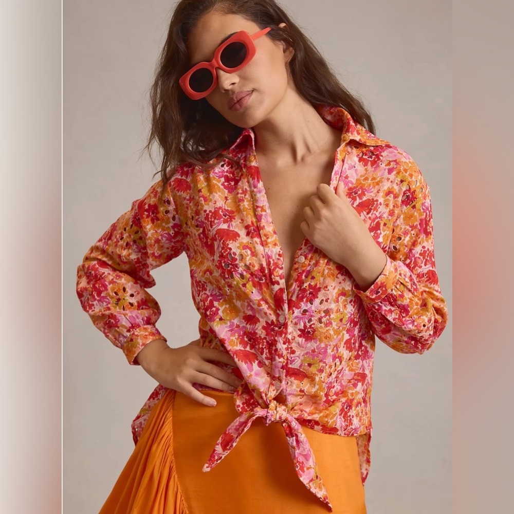 Medium Maeve Pink Orange Floral Tie-Front Longline Eyelet Blouse